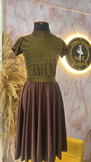 Vestido marrom lurex com cinto